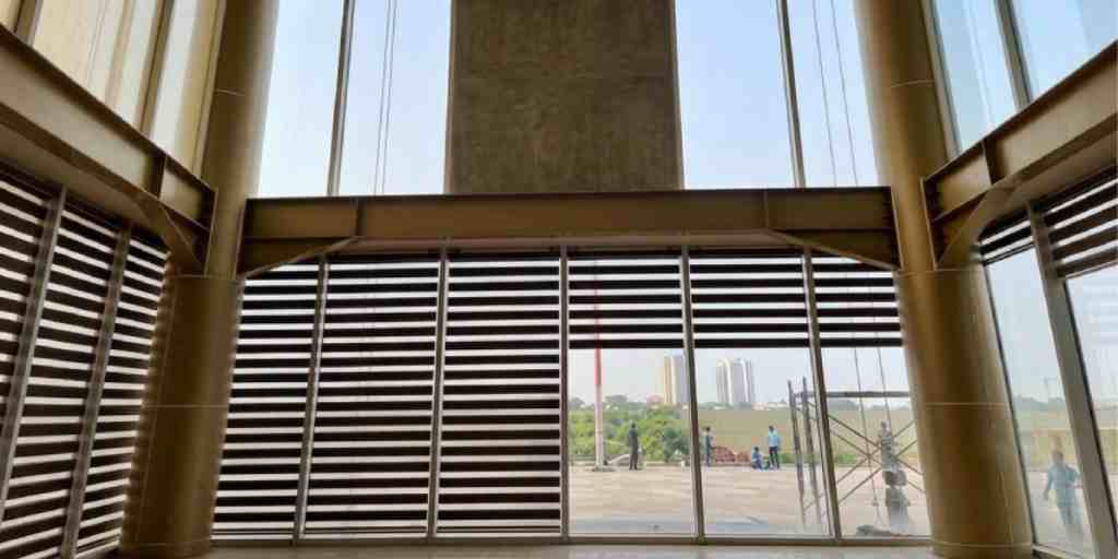 After – atrium glass wall cleaned and streak-free