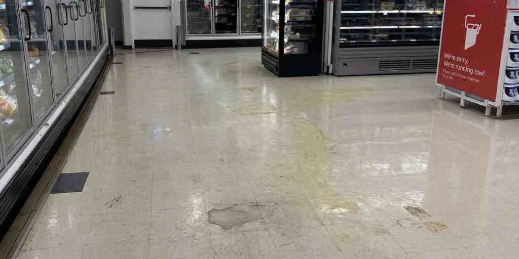 Before – supermarket freezer aisle vinyl floor worn and stained